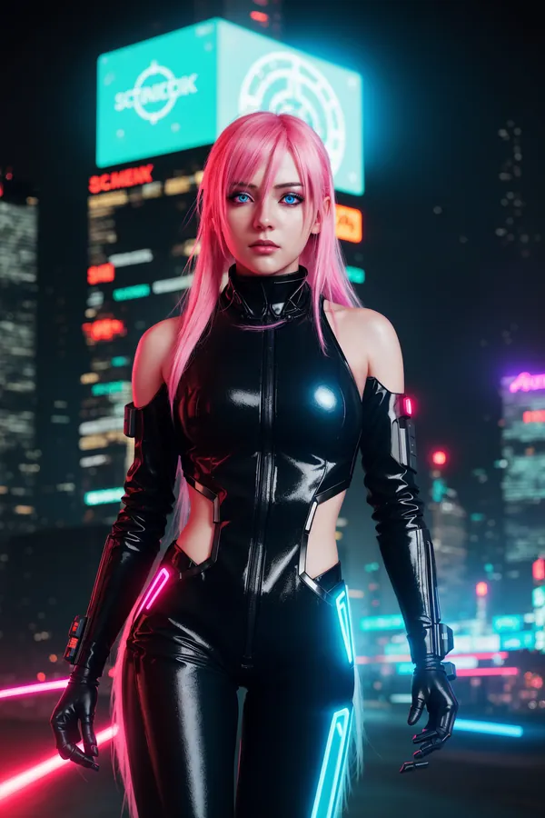 Pink-Haired Cyberpunk Woman in High-Neck Black Leather Bodysuit with Neon Accents Standing in Vibrant Neon-Lit Cityscape at Night