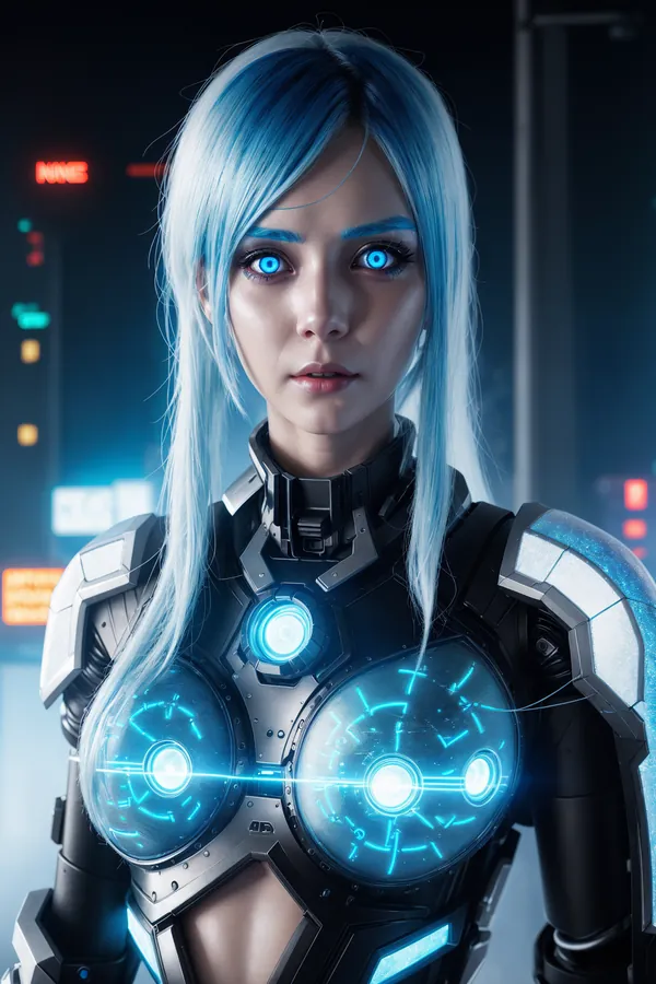 Ultra-Realistic Futuristic Cyberpunk Woman with Icy Blue Hair and Advanced Glowing Cybernetic Armor in Neon-Lit Cityscape Background, Cool Lighting and Intense Mood Digital Artwork