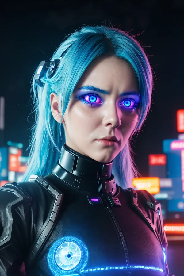 Cyberpunk Female Character with Glowing Blue Eyes and Futuristic Cybernetic Armor in Neon-Lit Cityscape Sci-Fi Concept Art
