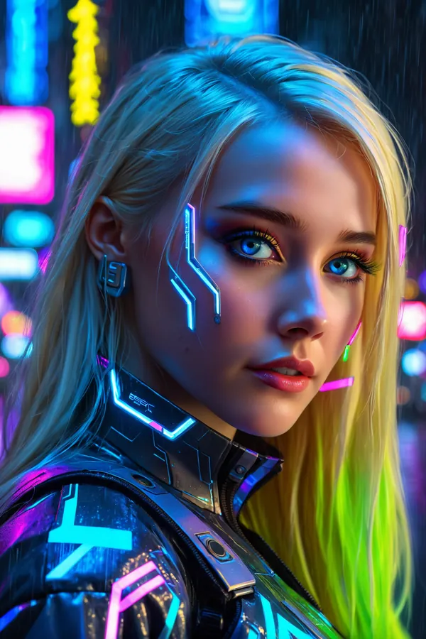 Cyberpunk Futuristic Female Character with Glowing Neon Circuitry on Face and Clothing, Rainy Cityscape Background, Vibrant Multicolored Neon Lighting, Long Blonde Hair with Green Tint, Cybernetic Enhancements, Sci-Fi Aesthetic Mood