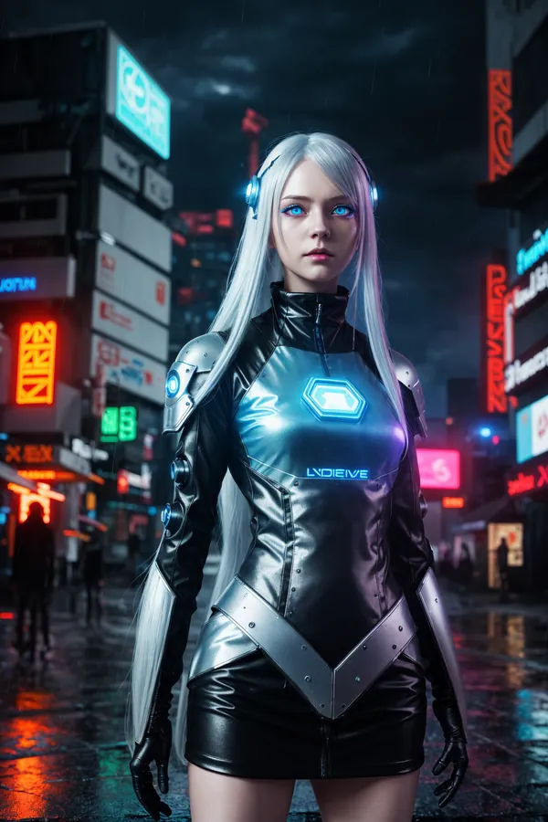 Cyberpunk Woman in Futuristic Silver and Black Armor Amidst Neon-Lit Rainy Cityscape with Glowing Blue Eyes and Digital Art Style