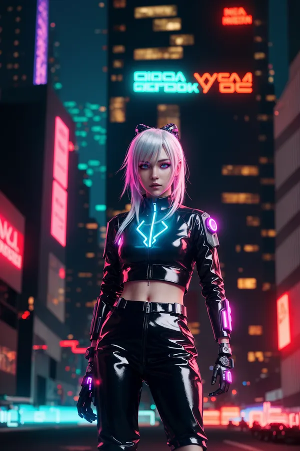 Cyberpunk Woman with Silver Hair and Neon-Lit Crop Top Standing in Vibrant Night Cityscape with Futuristic Lighting and Bold Mood