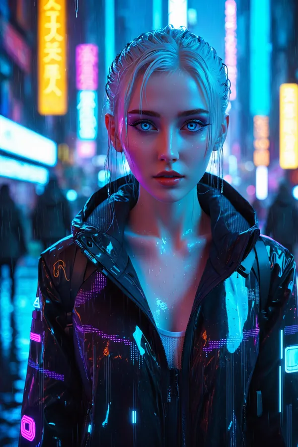 Cyberpunk Woman with Wet Blonde Hair in Neon-Lit Rainy City at Night, Wearing Futuristic Jacket with Glow-in-the-Dark Elements and Neon Accents