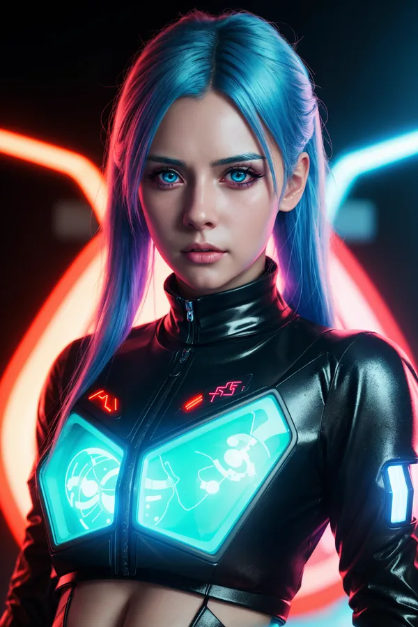 Futuristic Cyberpunk Character with Neon-Lit Glowing Panels, Blue Long Hair, and Vibrant Red-Blue Background Lighting in a Confident High-Tech Mood