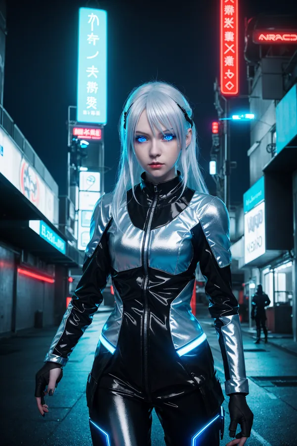 Futuristic Cyberpunk Cosplay Model With Glowing Blue Eyes and Neon-Lit Silver-Black Suit Standing in a Neon-Cluttered Japanese City Street at Night