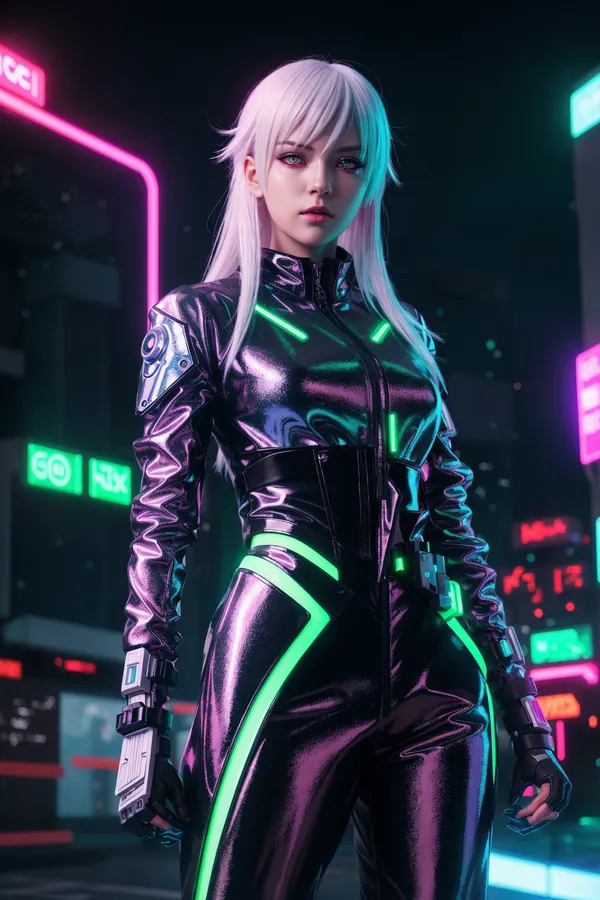 Silver-Haired Cyberpunk Heroine Wearing Metallic Futuristic Suit with Glowing Green Neon Accents in Vibrant Neon-Lit Retro-Futuristic Cityscape