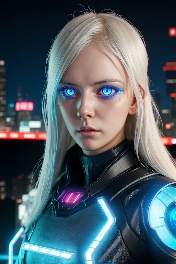 Cyberpunk Female Character with Glowing Blue Eyes and Neon Cybernetic Armor Standing in a Futuristic Cityscape at Night, Neon Lights and Urban Skyline Background