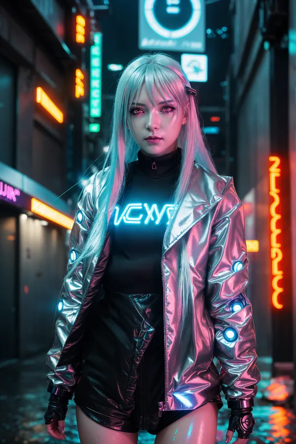 Cyberpunk Female Character with Silver Hair and Neon Jacket Standing in Rainy Neon-Lit City Alley at Night - Futuristic Sci-Fi Aesthetic with Vibrant Lighting and Digital Atmosphere