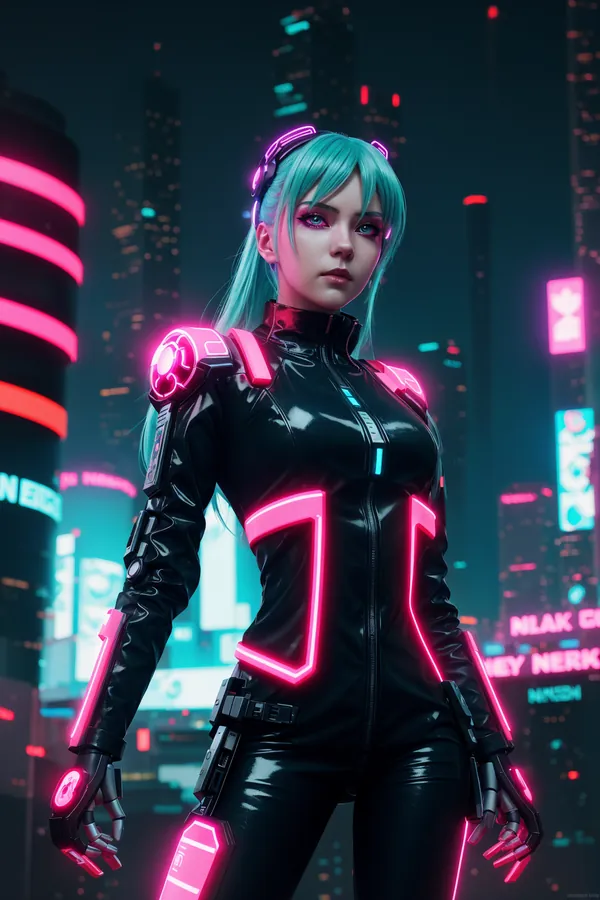 Cyberpunk Futuristic Woman with Teal Hair and Neon-Lit Tech Suit Standing in Vibrant Neon Cityscape with Glowing Pink and Blue Accents, Sleek Dark Outfit, Advanced Holo-Technology, Confident Pose