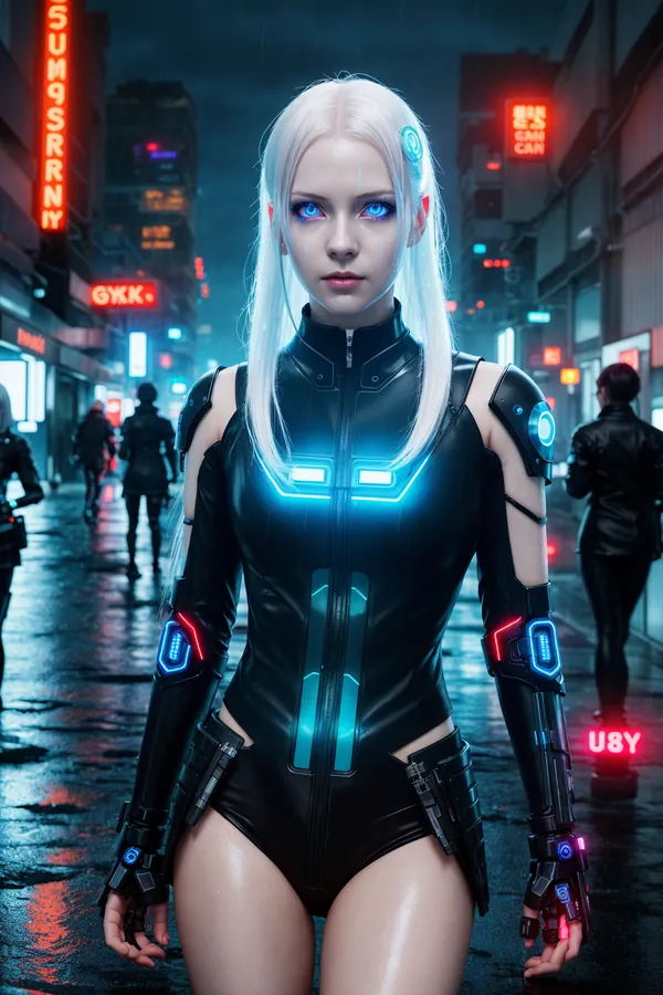Cyberpunk Neon Noir Futuristic Female Hacker with Glowing Blue Eyes in Sleek Black Bodysuit on Rainy Wet City Street with Neon Signs and LED Accents