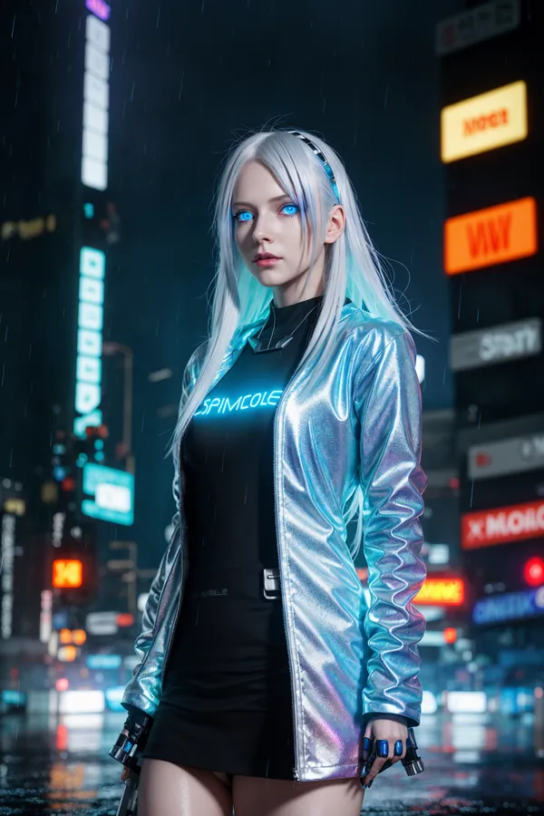 Cyberpunk Neon Rain Cityscape: Silver-Haired Woman in Glowing Silver Jacket with 'SPINCOLE' Text, Futuristic Noir Lighting and Wet Streets at Night