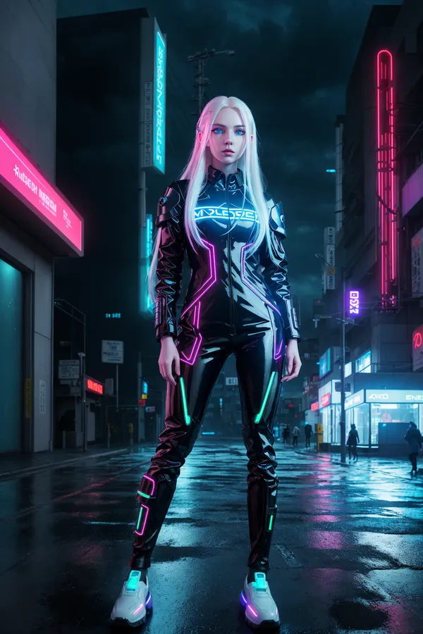 Cyberpunk Woman in Neon-Lit Rainy City Street: Glowing Futuristic Suit, Long Blonde Hair, Neon Signs, and Wet Asphalt Nighttime Scene with Futuristic Mood