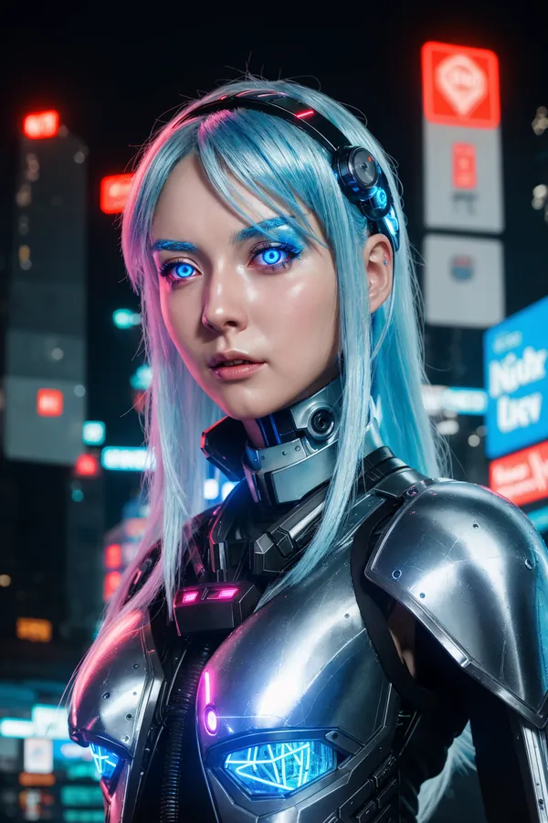 Futuristic Cybernetic Woman with Glowing Blue Eyes, Metallic Armor, and Blue Hair Standing in Neon-Lit Cyberpunk Cityscape at Night with Vibrant Holographic Signs and Urban Lighting