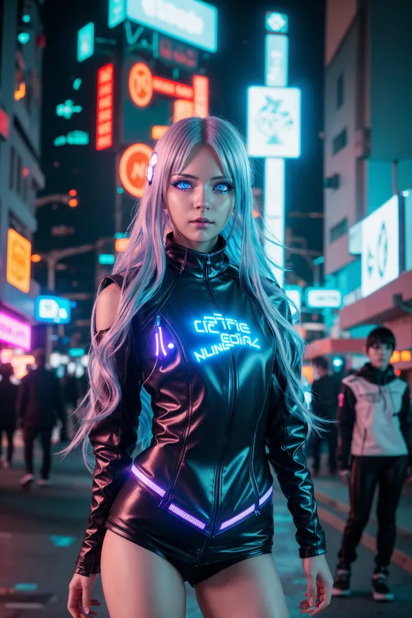 Futuristic Cyberpunk Character with Glowing 'Cirie Sora' Neon Outfit, Long Pastel Hair, Standing in Vibrant Neon-Lit City Street at Night with Ambient Blue and Pink Lighting Creating an Edgy, High-Tech Mood