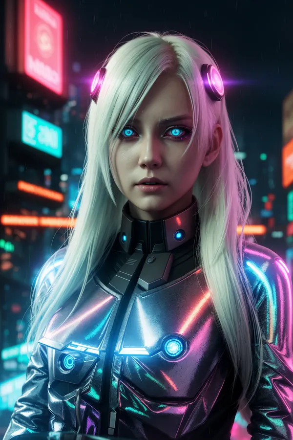 Futuristic Cyberpunk Female Character with Neon Glowing Eyes, Metallic Armor, and Vibrant Cityscape Background at Night - Sci-Fi AI Artwork