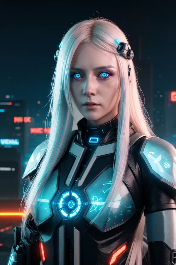 Futuristic Cyberpunk Female Character with Neon-Lit Cybernetic Armor and Glowing Eyes in a Vibrant Neon Cityscape at Night