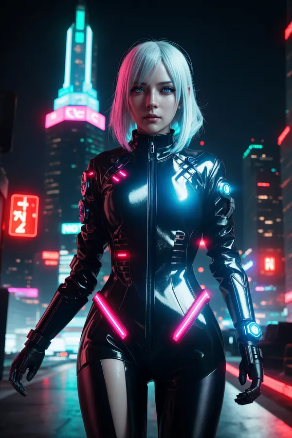 Futuristic Cyberpunk Female Character with White Hair and Glowing Black Latex Suit Standing in Neon-Lit Cityscape with Vibrant Blue and Pink Neon Lights and Urban Nighttime Mood