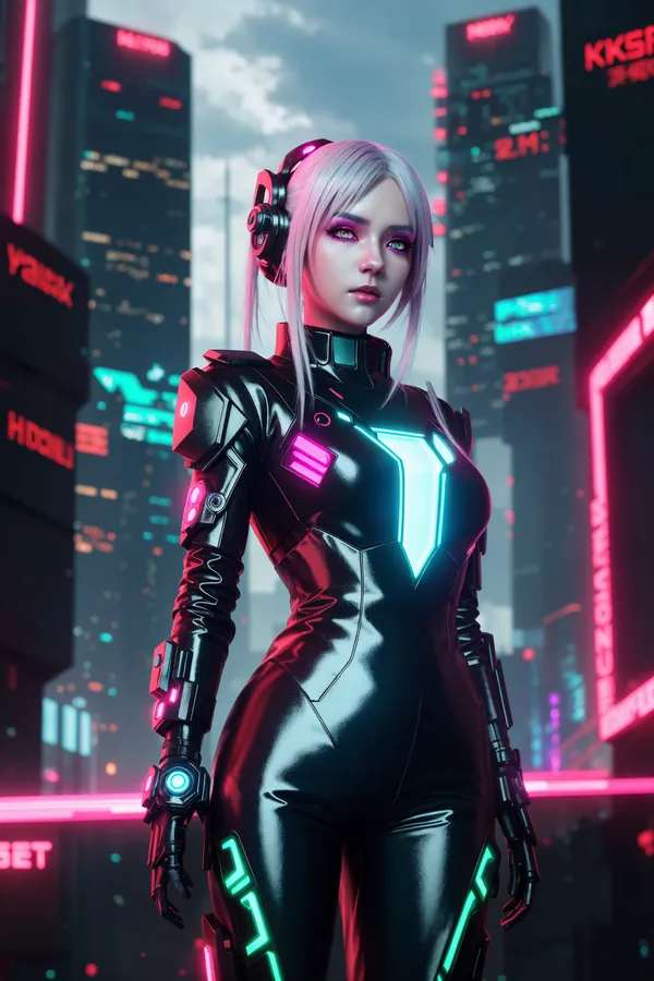 Futuristic Cyberpunk Woman in Neon-Lit Cityscape, Glowing Tech-Enhanced Suit, High-Definition Digital Art with Vibrant Pink and Cyan Lighting, Immersive Urban Sci-Fi Mood
