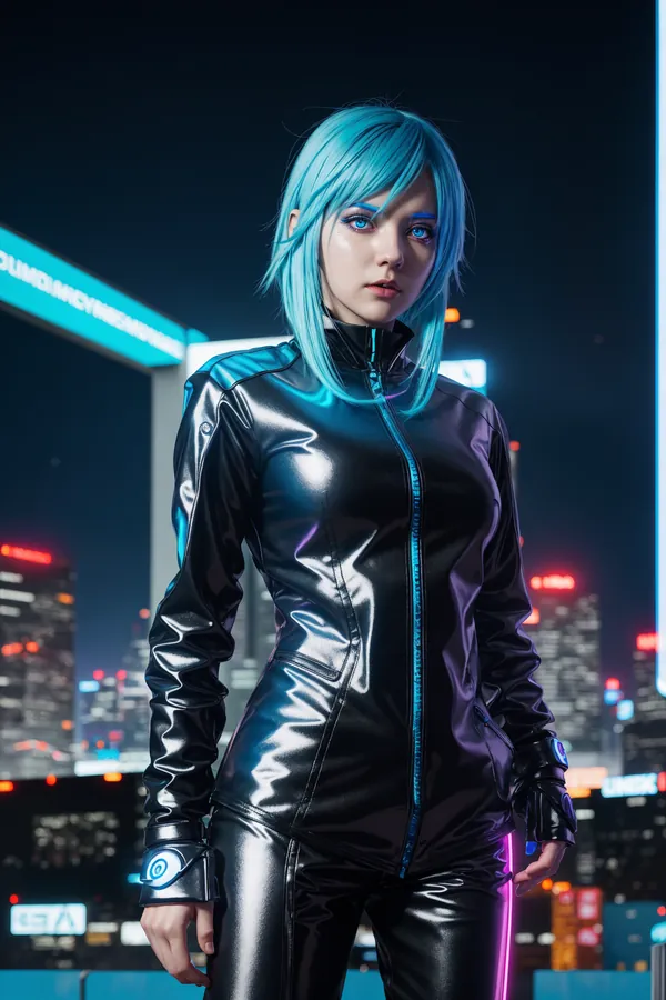 Futuristic Cyberpunk Woman with Electric Blue Hair and Sleek Black PVC Jumpsuit in Neon-Lit Cityscape Background, High-Definition Sci-Fi Fashion, Urban Night Lighting, Mood of Tech Mystery
