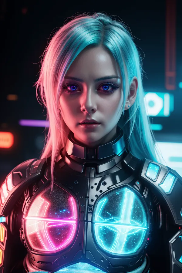 Futuristic Cyberpunk Woman with Glowing Neon Cybernetic Armor in a Neon-Lit Cityscape at Night, Silver-Blue Hair and Intense Gaze Under Vibrant Lighting Mood