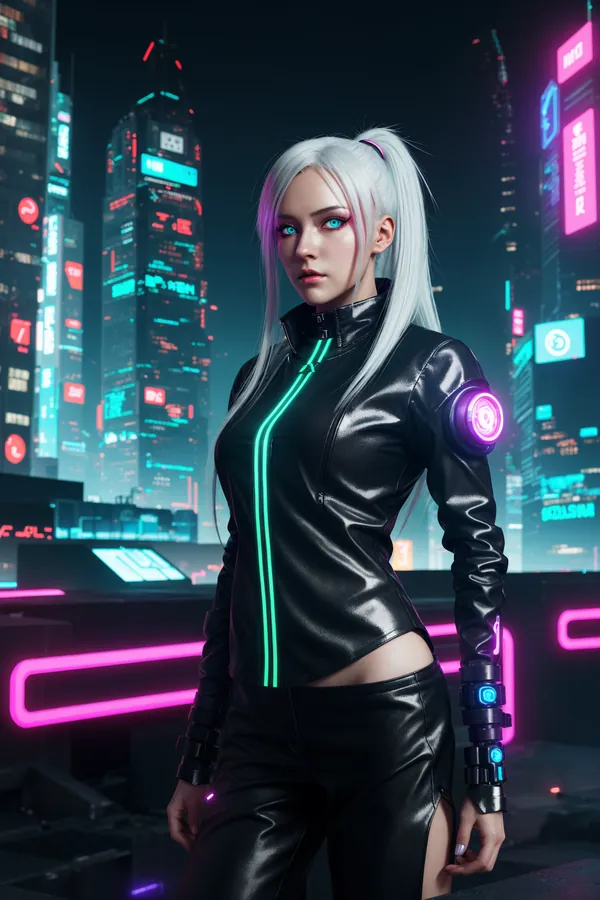 Futuristic Cyberpunk Woman with Neon-Lit Jacket and Cybernetic Arm Standing in Vibrant Neon Cityscape at Night, Confident Pose Amidst Glowing Digital Billboards and Tall Skyscrapers