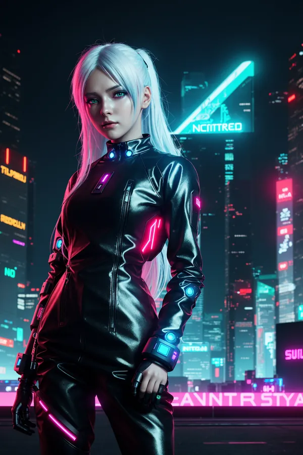 Stunning Cyberpunk Futuristic Female Character with Silver Hair and Neon Accents in a Glowing Cityscape Night Scene, High-Definition Digital Art with Vibrant Neon Lighting and Dark Mood Atmosphere