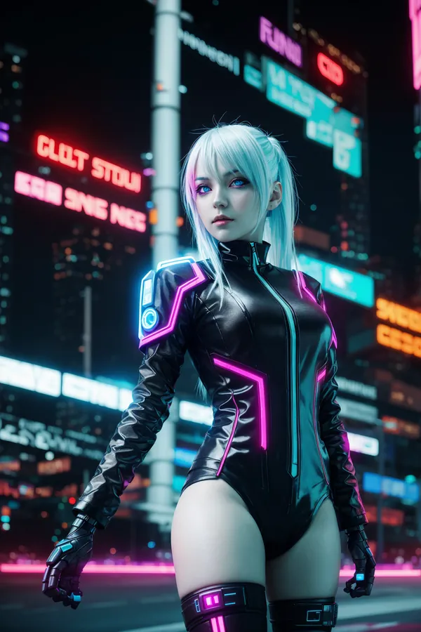 Cyberpunk Fashion Model with Neon-Activated Silver Hair and High-Slit Bodysuit Standing in a Vibrant Neon-Lit Cityscape at Night, Highlighting Futuristic Lighting and Confident Mood
