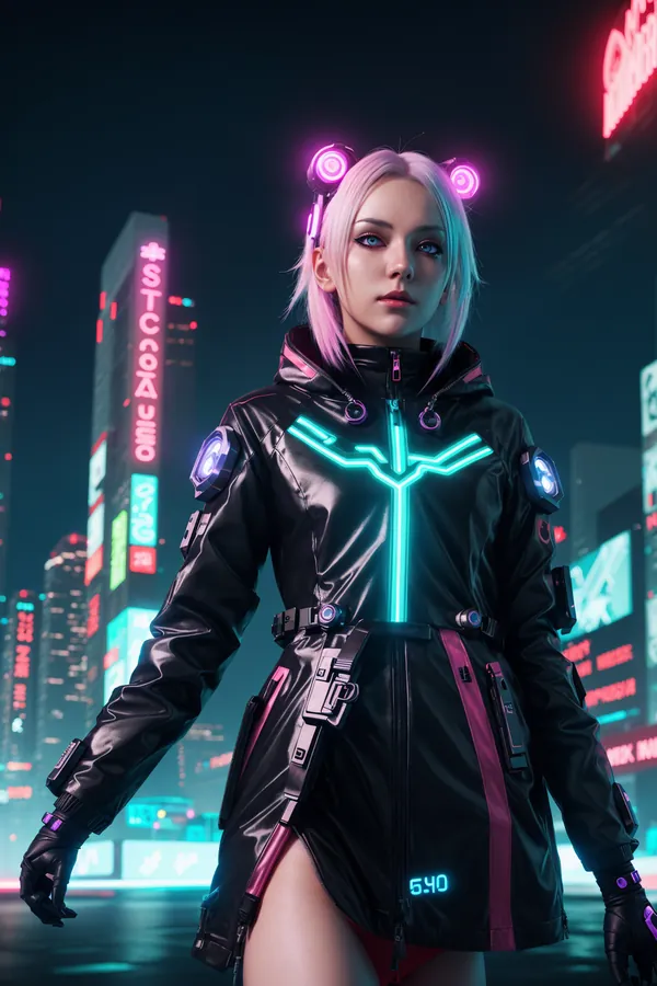 Cyberpunk Fashion Model with Neon Glow: Futuristic Pink-Haired Woman in High-Tech Jacket Amidst Vibrant Neon Cityscape at Night, Ethereal Lighting Creates Futuristic Mood