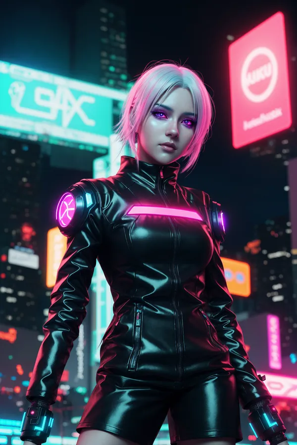 Cyberpunk Female Character with Silver Hair and Neon-Lit Tech Armor in Vibrant Urban Cityscape