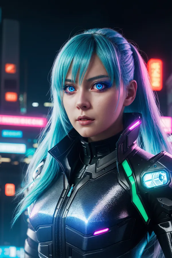 Cyberpunk Female Character with Teal Hair and Futuristic Cybernetic Armor in Neon-lit Cityscape at Night with Intense Mood