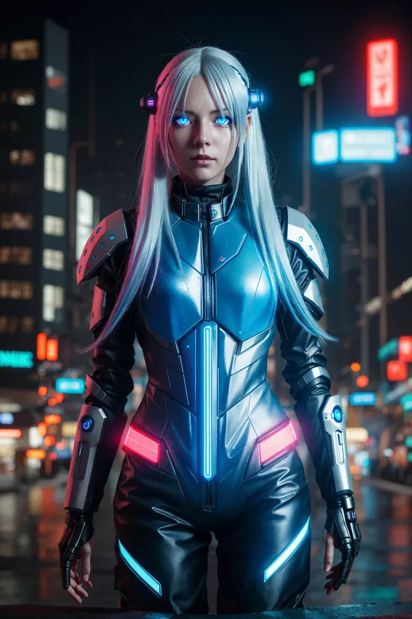 Futuristic Cybernetic Female Character with Glowing Blue and Pink Accents Standing in Neon-Lit City Night Scene with Wet Streets and Urban Lights
