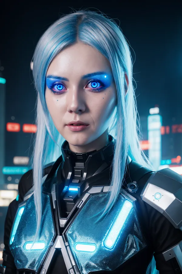 Futuristic Cybernetic Female Warrior with Glowing Blue Eyes, Silver Hair, Blue LED-Enhanced Armor, Neon Cityscape Background, Cyberpunk Aesthetic Mood