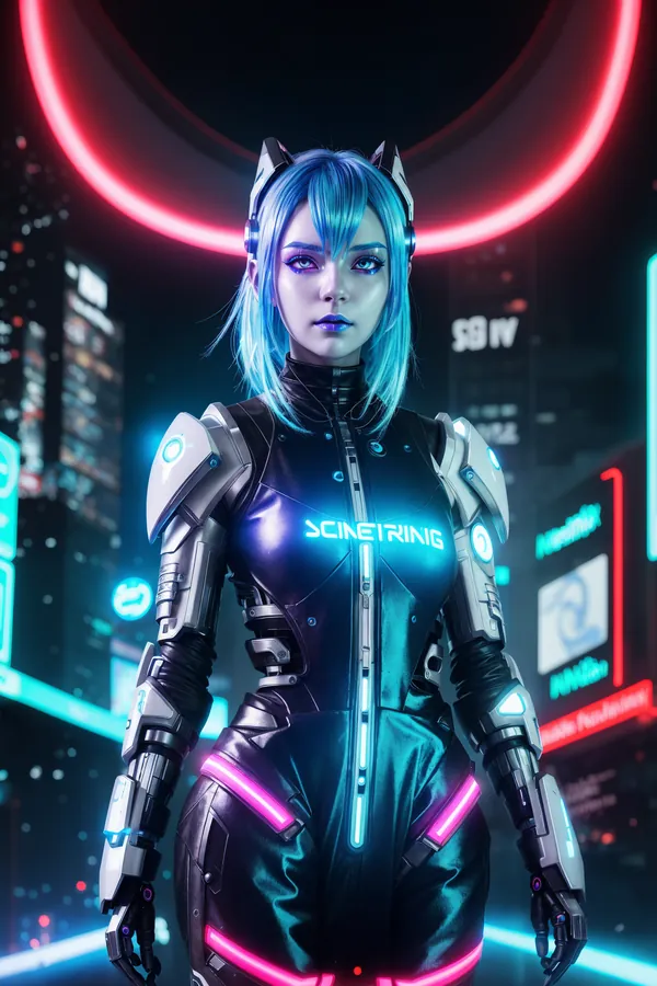 Futuristic Cyberpunk Character with Blue Hair and Neon-Lit Cityscape Background Featuring Glowing Armor, Holographic Signs, and Intense Cybernetic Lighting