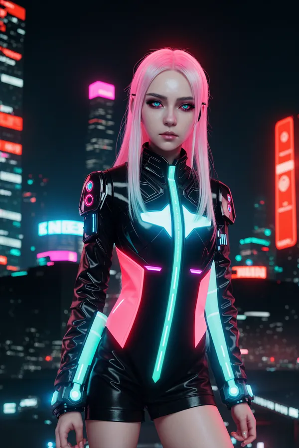 Futuristic Cyberpunk Character with Neon-Lit Outfit Standing in Vibrant Neon Cityscape at Night, Pink Hair and Glowing Details
