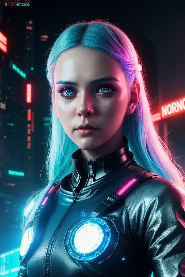 Futuristic Cyberpunk Female Character with Neon Blue Hair, Tech-Enhanced Leather Suit, and Vibrant Cityscape Lighting in a Neon-Drenched Urban Environment