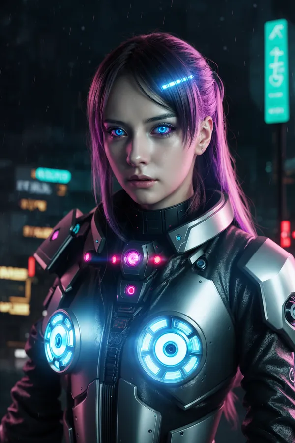 Futuristic Cyberpunk Woman in Glowing Neon Armor Standing in Rainy Neon-Lit Cityscape with Vibrant Blue and Pink Lighting and Mysterious Mood