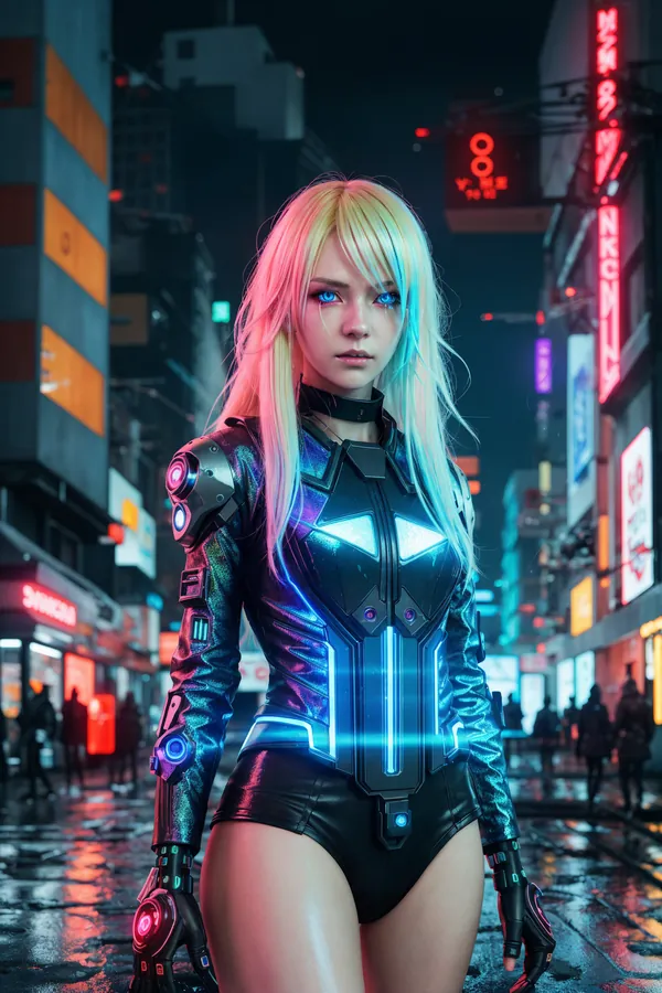 Futuristic Cyberpunk Woman with Glowing Cybernetic Bodysuit Standing in Neon-Lit Rain-Soaked Cityscape Urban Street, Sci-Fi Action Atmosphere with Vibrant Neon Lighting and Cyberpunk Aesthetics