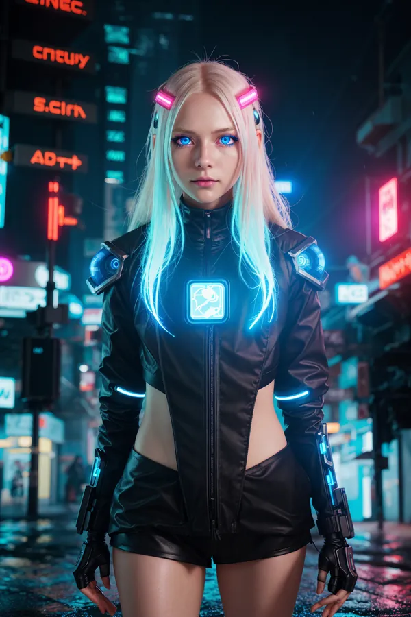 Futuristic Cyberpunk Woman with Glowing Neon Accessories Blue Hair and Electric Eyes Standing in Rainy Neon-Lit Cityscape at Night with Vibrant Blue and Pink Lighting
