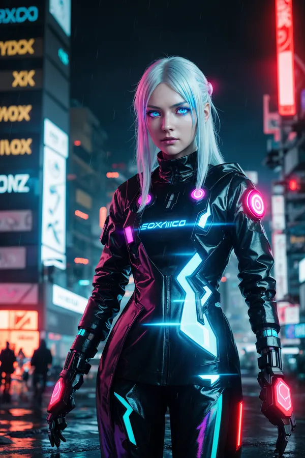 Futuristic Cyberpunk Woman with Silver Hair and Glowing Neon-Enhanced Cybernetic Suit Standing in Rainy Neon-Lit Megacity Night Scene with Vibrant Urban Billboards and Wet Pavement
