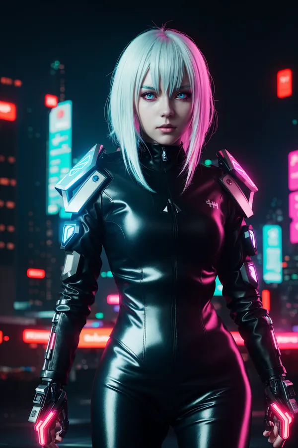 Sleek Cyberpunk Character with Neon-Accented Black Bodysuit and Silver Hair Standing Against Futuristic Cityscape at Night with Dynamic Neon Lighting and Confident Mood