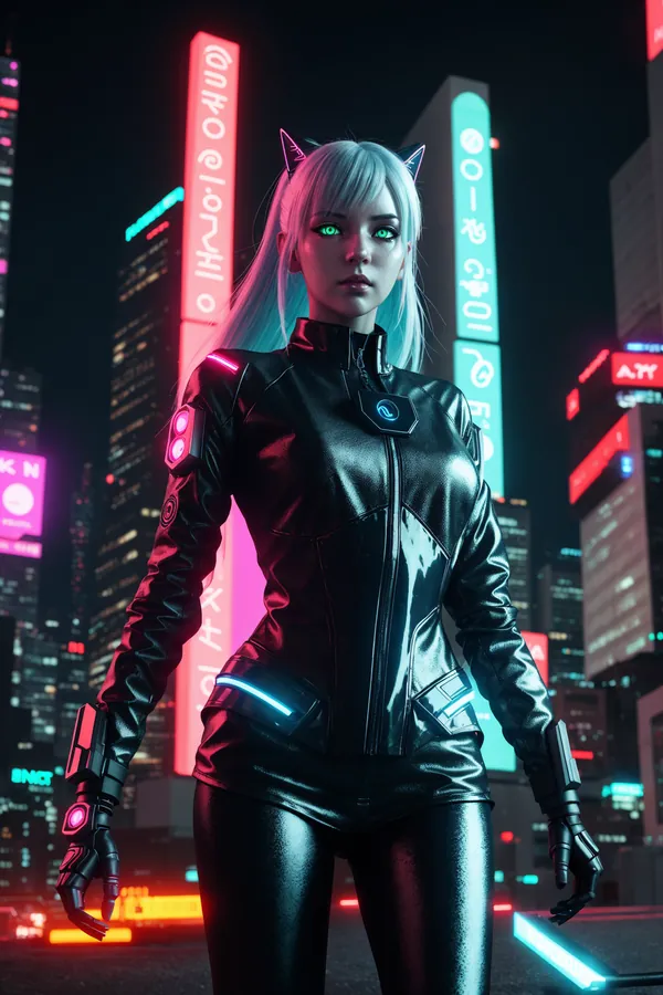 Sleek Cyberpunk Female Character with Cat Ears and Glowing Green Eyes Standing in a Neon-Lit Futuristic Cityscape at Night with Vibrant Cyberpunk Lighting and Confident Mood