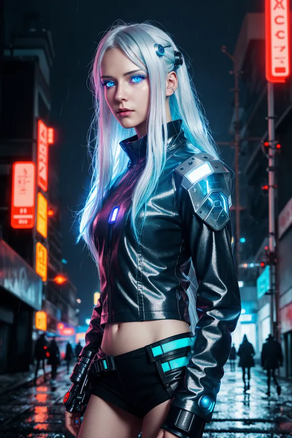 Ultra-Realistic Cyberpunk Futuristic Female Character in Sleek Black Leather Jacket With Cybernetic Arm and Shoulder Gear, Standing in Neon-Lit Rainy Cityscape at Night