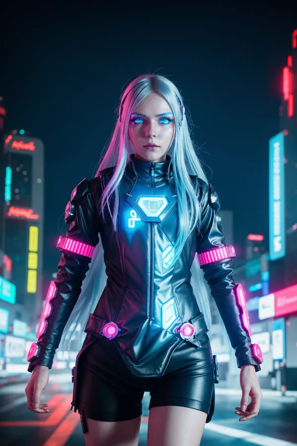 Vibrant Cyberpunk Digital Art: Futuristic Female Character with Neon-Lit Black Leather Outfit, Electric Blue Eyes, Platinum Hair, and Cityscape Background with Neon Signs and RGB Lighting at Night