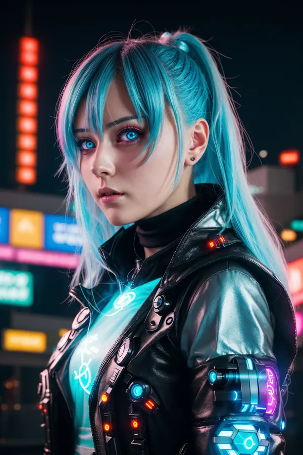 Cyberpunk Character with Neon Blue Hair and Tech-Enhanced Leather Jacket in a Glowing Cityscape at Night, Futuristic Fashion, Dark Lighting with Vibrant Neon Signs and Ambient Glow