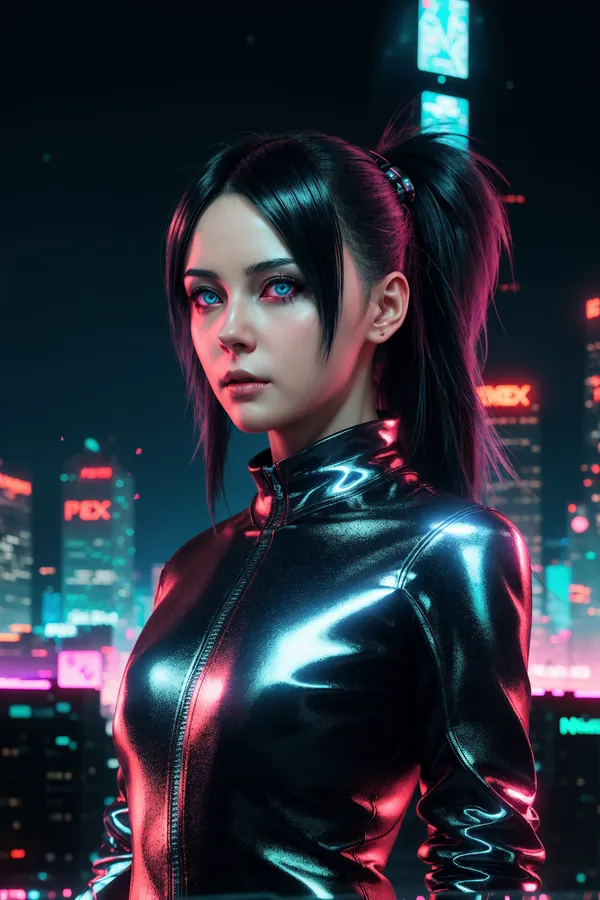 Cyberpunk Female Character in Metallic Black Jacket Standing Against Neon-Lit Cityscape with Red and Blue Lighting, Confident Expression and Futuristic Mood