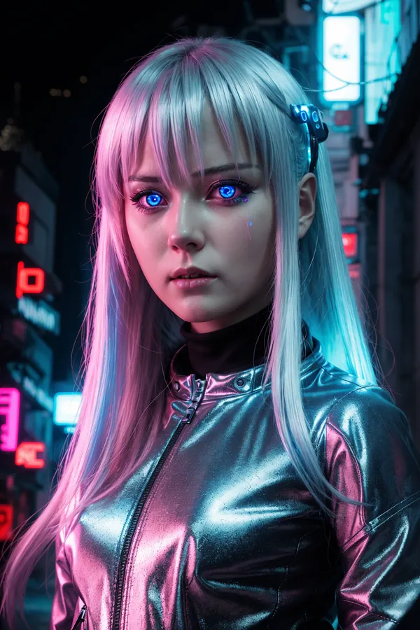 Cyberpunk Female Character with Neon Blue Eyes and Silver Hair in Futuristic Cityscape at Night, Highlighting Neon Lights and Metallic Fashion