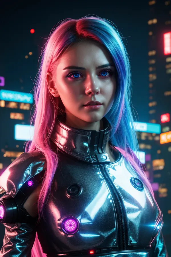 Cyberpunk Female Character with Pink and Blue Gradient Hair Wearing a High-Tech Metallic Suit with Glowing Circuits Set Against a Vibrant Neon-Lit Cityscape at Night Sleek Futuristic Urban Scene Digital Art Masterpiece