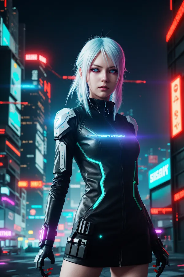 Cyberpunk Futuristic Female Character with Light Blue Hair Wearing Neon-Lit Tactical Suit Standing Confidently in a Neon-Drenched Cityscape at Night with Glowing Skyscrapers and Dynamic Lighting