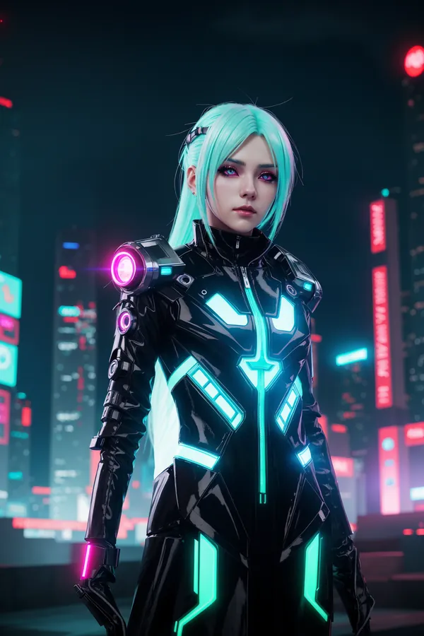 Cyberpunk Futuristic Woman in Neon-Glowing Cybernetic Suit Standing in Vibrant Nighttime Cityscape with Teal Hair and Illuminated Details