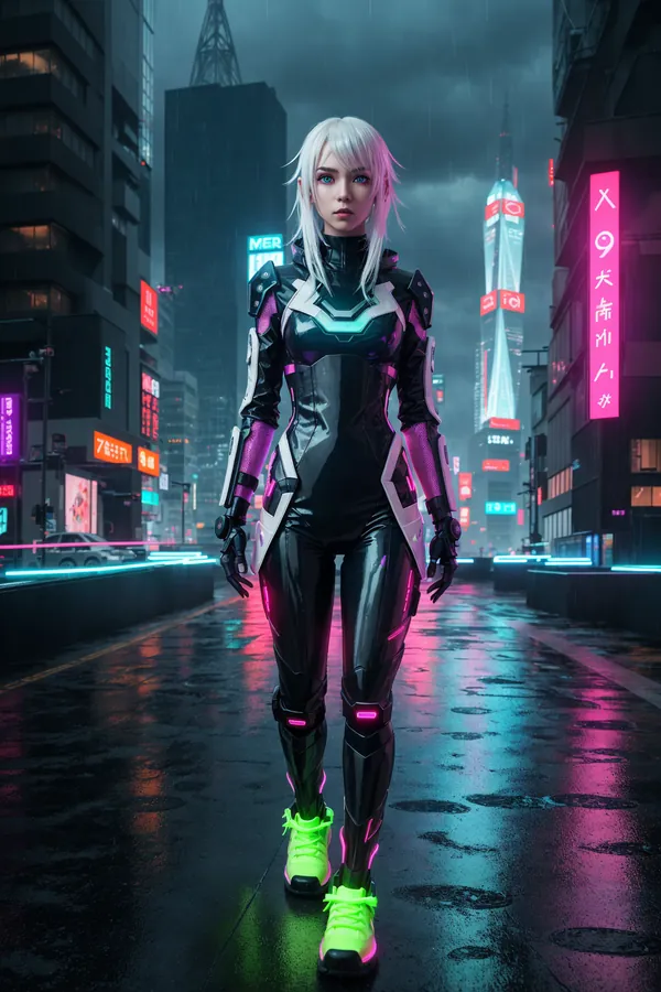 Cyberpunk Woman with Glowing Neon Cybernetic Suit Walking Through Rainy Dystopian Cityscape with Vibrant Neon Signs and Wet Streets